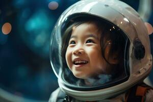 ai généré portrait de peu asiatique fille portant astronaute casque dans le espace photo