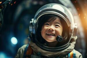 ai généré portrait de peu asiatique fille portant astronaute casque dans le espace photo