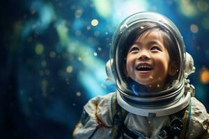 ai généré portrait de peu asiatique fille portant astronaute casque dans le espace photo