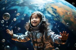 ai généré portrait de peu asiatique fille portant astronaute casque dans le espace photo