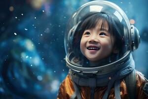 ai généré portrait de peu asiatique fille portant astronaute casque dans le espace photo