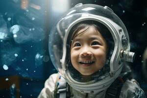 ai généré portrait de peu asiatique fille portant astronaute casque dans le espace photo