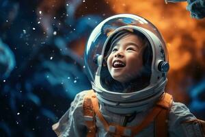 ai généré portrait de peu asiatique fille portant astronaute casque dans le espace photo