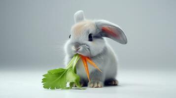 ai généré gris lapin avec Frais carotte et salade sur lumière pente Contexte. mignonne duveteux lapin. Pâques concept. idéal pour animal de compagnie nourriture annonces, éducatif contenu, vétérinaire ou animal photo