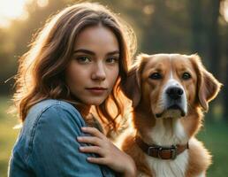 ai généré portrait de une Jeune magnifique femme avec sa chien. ai génération photo