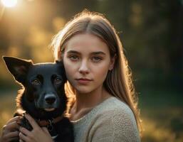 ai généré portrait de une Jeune magnifique femme avec sa chien. ai génération photo