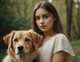 ai généré portrait de une Jeune magnifique femme avec sa chien. ai génération photo