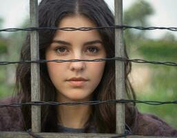 ai généré portrait de une Jeune femme sur une clôture. ai généré photo