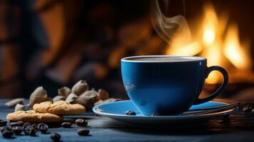 ai généré une café tasse de café avec certains biscuits et biscuits sur il suivant à une cheminée, photo