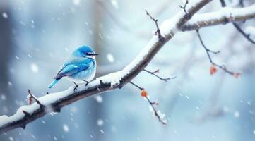 ai généré une petit bleu oiseau permanent sur le branche dans une neigeux neigeux scène, photo