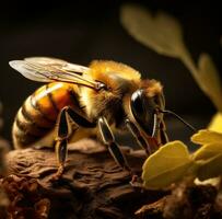 ai généré une abeille sur une noir Contexte avec une Jaune fleur, photo