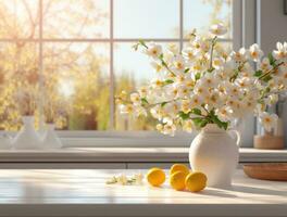 ai généré une cuisine avec table et fenêtre dans le Contexte avec fleurs, photo