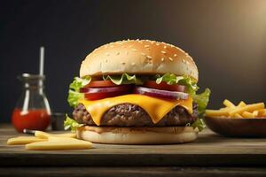 ai généré une Hamburger avec fromage et salade sur une en bois table photo