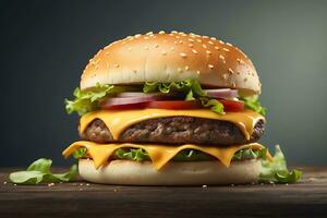 ai généré une Hamburger avec fromage et salade sur une en bois table photo