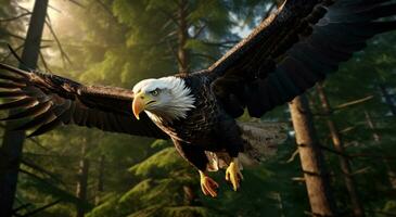 ai généré un Aigle en volant plus de une arbre dans le forêt, photo