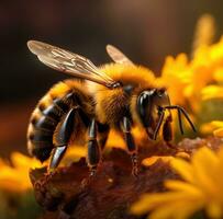 ai généré une abeille sur une noir Contexte avec une Jaune fleur, photo