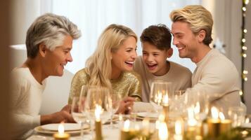 ai généré content famille à Noël dîner, blanc et or photo