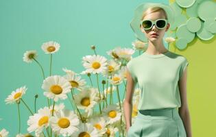 ai généré Jeune femme et printemps et été brillant couleurs photo