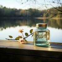 ai généré une petit pot séance sur une table près une lac, photo