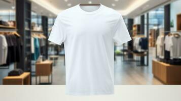 ai généré T-shirt avec Vide devant, réaliste sur une maquette modèle dans une luxe magasin, photo