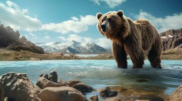ai généré une grisonnant ours sur l'eau permanent près le rocheux littoral, photo