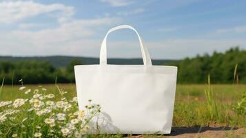 ai généré coton blanc plaine fourre-tout sac avec Vide devant, réaliste sur une maquette modèle dans une vert Prairie photo