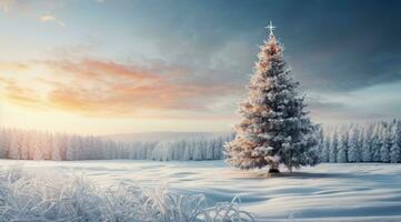 ai généré une neigeux neigeux paysage avec une Noël arbre dans le milieu, photo