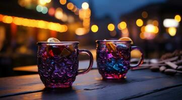 ai généré paire de des tasses avec tasse de Réchauffé du vin sur en bois tableau, photo