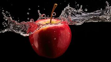 ai généré Frais rouge Pomme avec l'eau éclaboussure isolé sur noir ai génératif photo