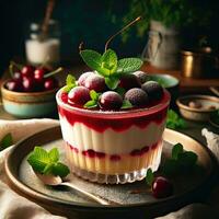 ai généré délicieux baie pudding avec menthe feuilles ai génératif photo