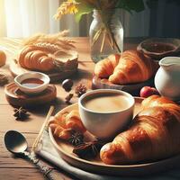 ai généré petit déjeuner croissant avec une verre café ai génératif photo