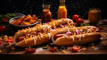 ai généré délicieux Hot-dog sur le en bois table ai génératif photo