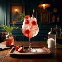 ai généré une verre fraise cocktail sur le table ai génératif photo