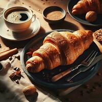 ai généré petit déjeuner croissant avec une tasse café avec lumière exposition ai génératif photo