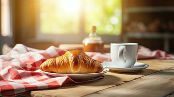 ai généré petit déjeuner croissant avec une verre Lait ai génératif photo