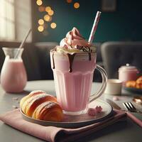 ai généré fraise Lait avec croissant ai génératif photo