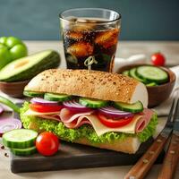 ai généré délicieux végétalien sandwich et une verre Cola sur le table ai génératif photo
