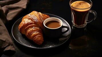 ai généré petit déjeuner croissant avec une verre café ai génératif photo