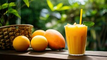 ai généré Frais mangue jus sur le en bois table ai génératif photo