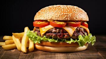 ai généré juteux Burger avec légume sur le table ai génératif photo