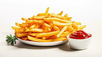 ai généré français frites avec ketchup et basilic feuille ai génératif photo