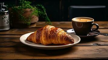 ai généré petit déjeuner croissant avec une verre café ai génératif photo