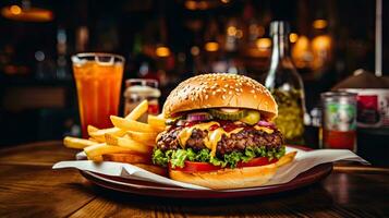 ai généré délicieux du boeuf Burger sur le table ai génératif photo