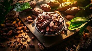 ai généré portrait cacao haricot sur le bol avec lumière exposition ai génératif photo