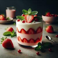 ai généré délicieux fraise pudding avec menthe feuilles ai génératif photo