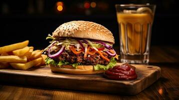 ai généré délicieux et juteux du boeuf Burger sur le table ai génératif photo