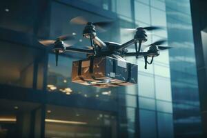 ai généré drone en volant dans le ciel avec boîte. 3d le rendu, une drone livrer une paquet à un Bureau bâtiment, ai généré photo