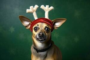 ai généré portrait de une mignonne chiot portant une Noël renne Bandeau photo