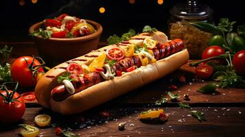 ai généré délicieux Hot-dog sur le en bois table ai génératif photo