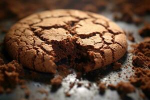 ai généré Chocolat puce biscuits avec cacao poudre sur une cuisson plateau. peu profond ddl, une friable et sec texture de une biscuit, ai généré photo